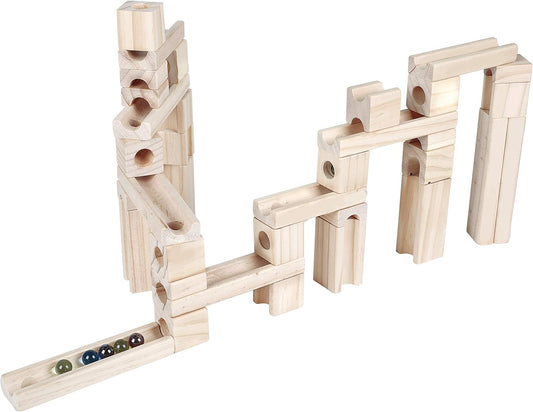 Golden Age Marble Run Toys, 60 Pieces Wooden Classic Ramps Track Building Construction Set for Children Toddler