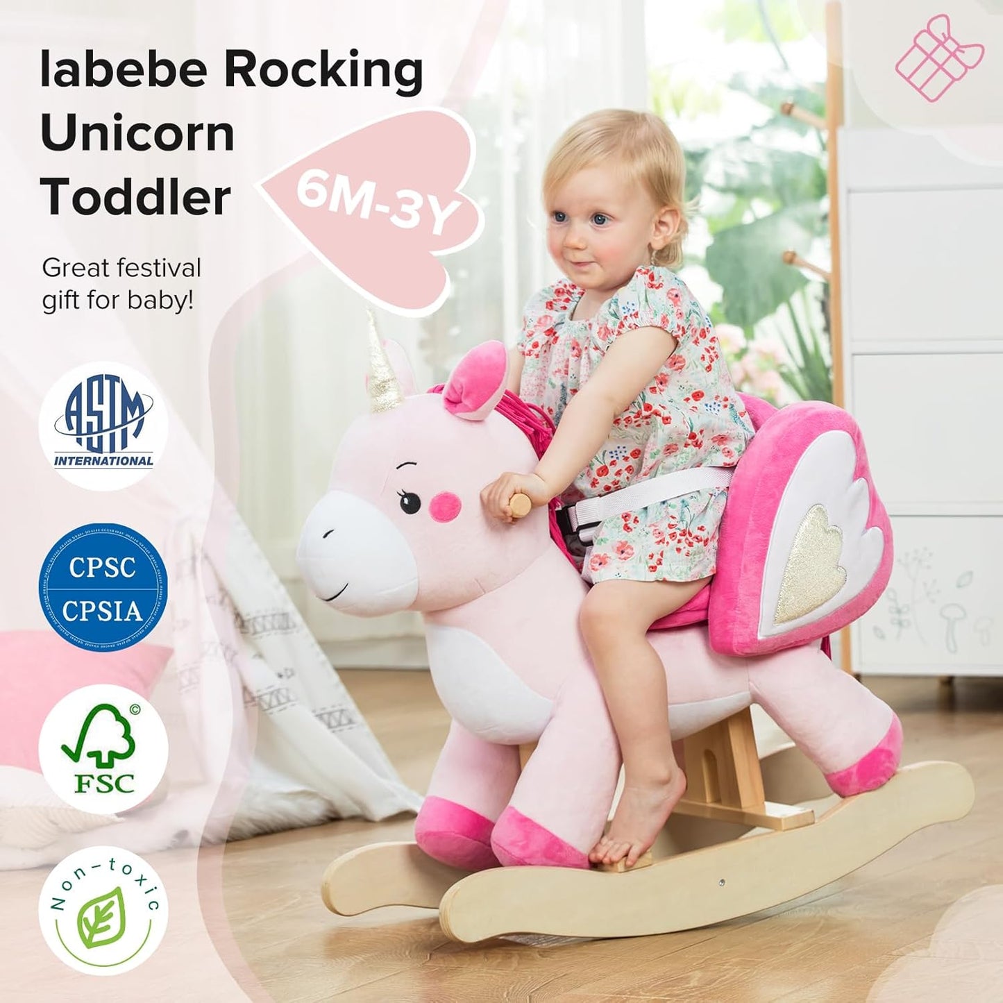 labebe - Baby Rocking Horse, Ride Unicorn, Kid Ride On Toy for 6 Month-3 Year Old, Infant (Boy Girl) Plush Animal Rocker, Toddler/Child Stuffed Ride Toy (Pink) | Kid Ride On Toy, Infant, Plush Animal Rocker, Toddler/Child, Stuffed Ride Toy