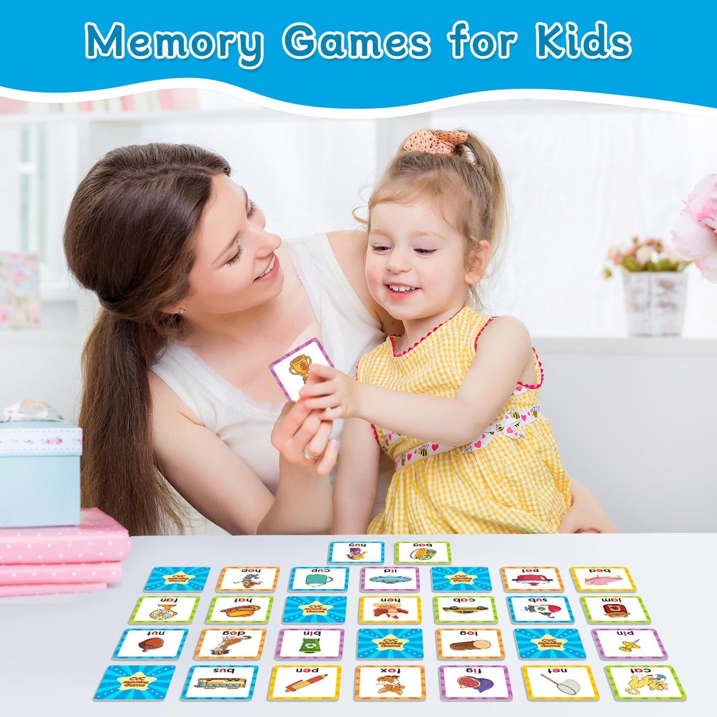 CVC Word Games Kindergarten, Memory Games for Kids Ages 4-8 & Matching Games for Toddlers 3-5, 60 PCS Phonics Games Flash Cards, Educational Toys Homeschool Supplies for Boys and Girls