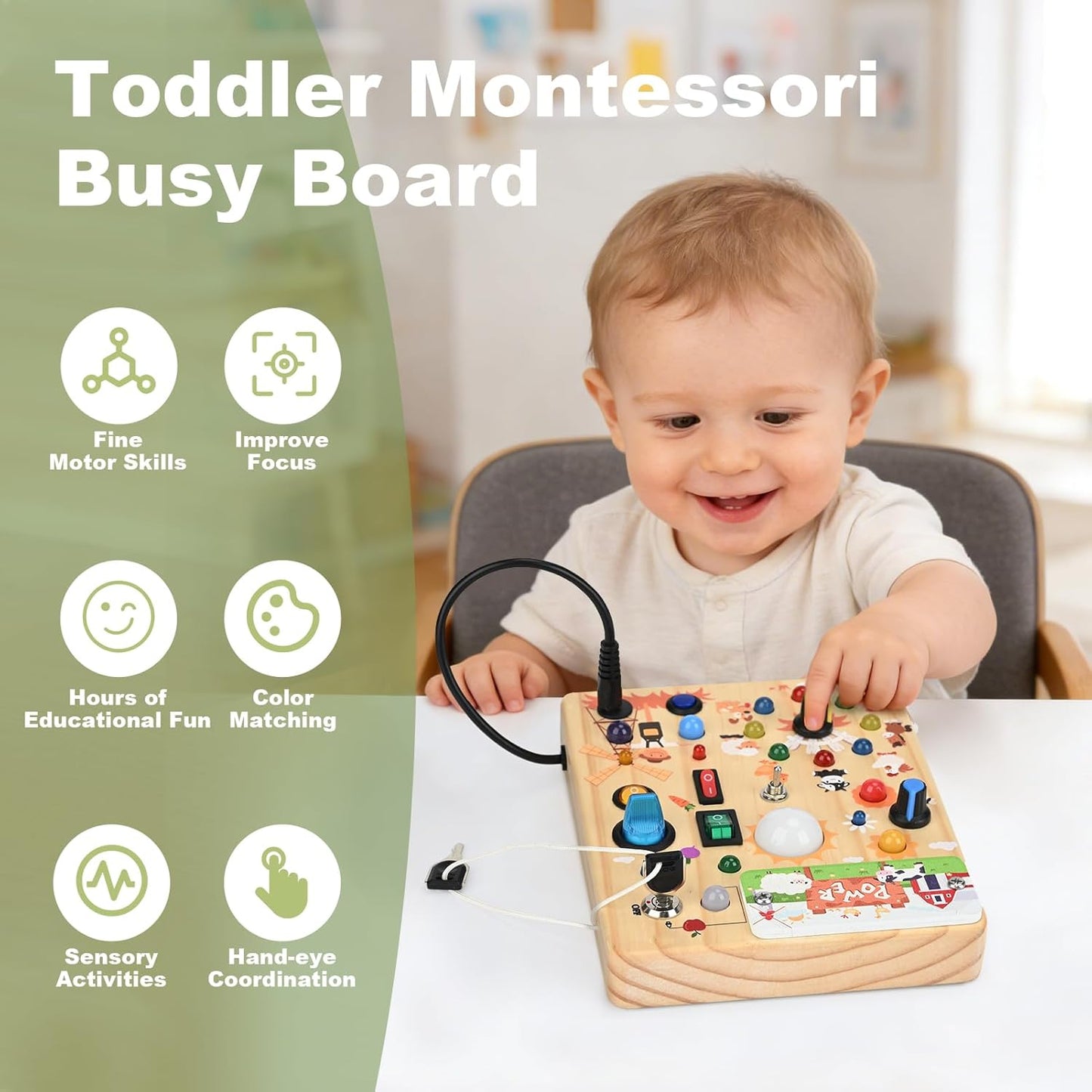 LED Busy Board for Toddlers - Montessori Sensory Toy with 10 Switches & 19 Lights, Wooden Activity Board for Fine Motor Skills, Ideal Educational Birthday Travel Toy Gift for 1 2 3 Year Old Boys Girls