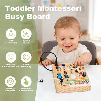 LED Busy Board for Toddlers - Montessori Sensory Toy with 10 Switches & 19 Lights, Wooden Activity Board for Fine Motor Skills, Ideal Educational Birthday Travel Toy Gift for 1 2 3 Year Old Boys Girls