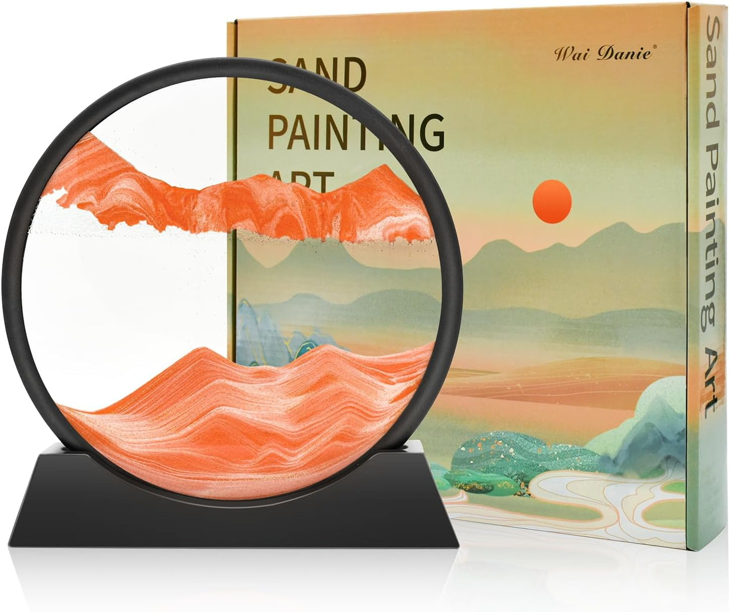 Wai Danie Moving Sand Art Picture 3D Hourglass Deep Sea Sandscape Liquid Motion Display Painting Flowing Sand Frame Relaxing Desktop Home Office Work Decor (Black, 12 Inches)