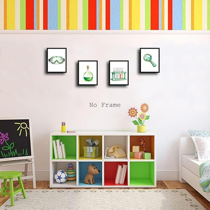 ZRYF Science wall art Prints,Green and Interesting Science Explore Canvas Posters,Chemistry Classroom Wall Prints for Laboratory Kids Classroom Bulletin Board Decor,Set of 4 (8"x10" Unframed)
