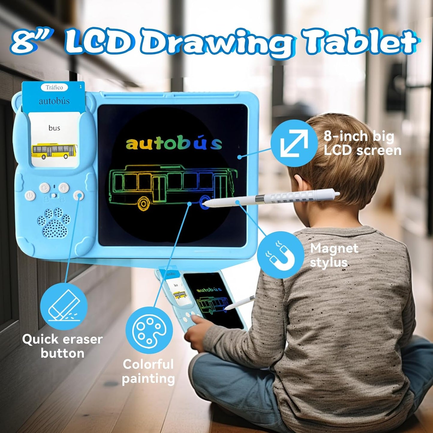 Talking English & Spanish Flash Cards - 8" LCD Writing Tablet for Kids 3-12, Bilingual 510 Sight Words, Toddler Pocket Speech, Drawing Sketch Pad, Autism Toys for Boys (Spanish, Blue)