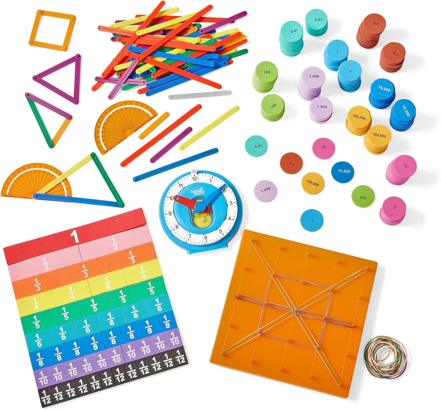 hand2mind Extended Manipulatives at Home Kit for Ages 8+, Math Manipulatives, Advanced Number Line Clock, AngLegs, Place Value Disks, Rainbow Fraction Tiles, Homeschool Curriculum Must Haves