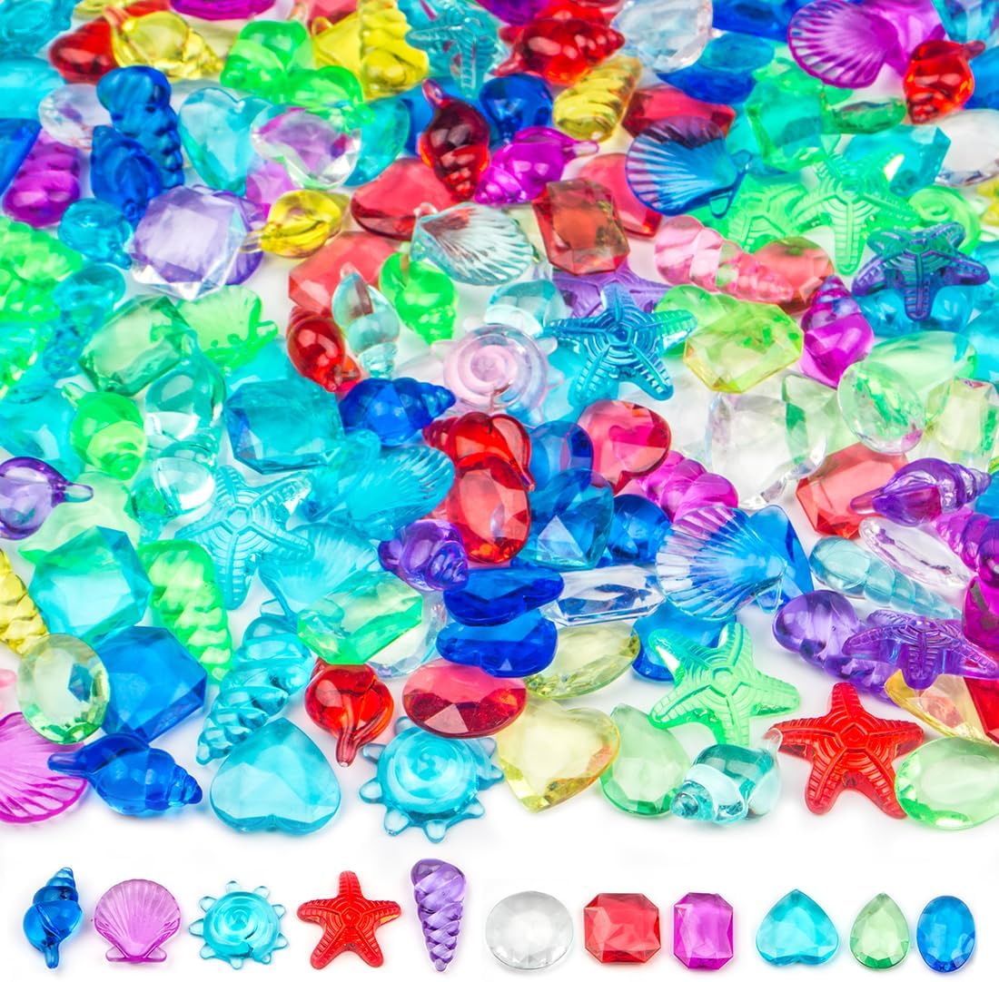 180 Pcs Sensory Bin Filler Include 100 Plastic Gemstones & 80 Fake Seashells for Kids, Pirate Treasure and Mermaid Pool Play, Ocean Themed Party (1"-1.2")