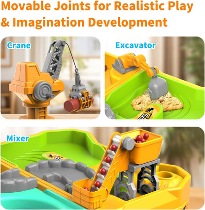 Construction Sand Kit with Foldable Sandbox Case - 1.1lbs Sensory Play Sand, 4 Alloy Trucks & Molds - Mess-Free Travel Beach Toys for Toddlers 3-5, Portable Dry-Wet Separation Design