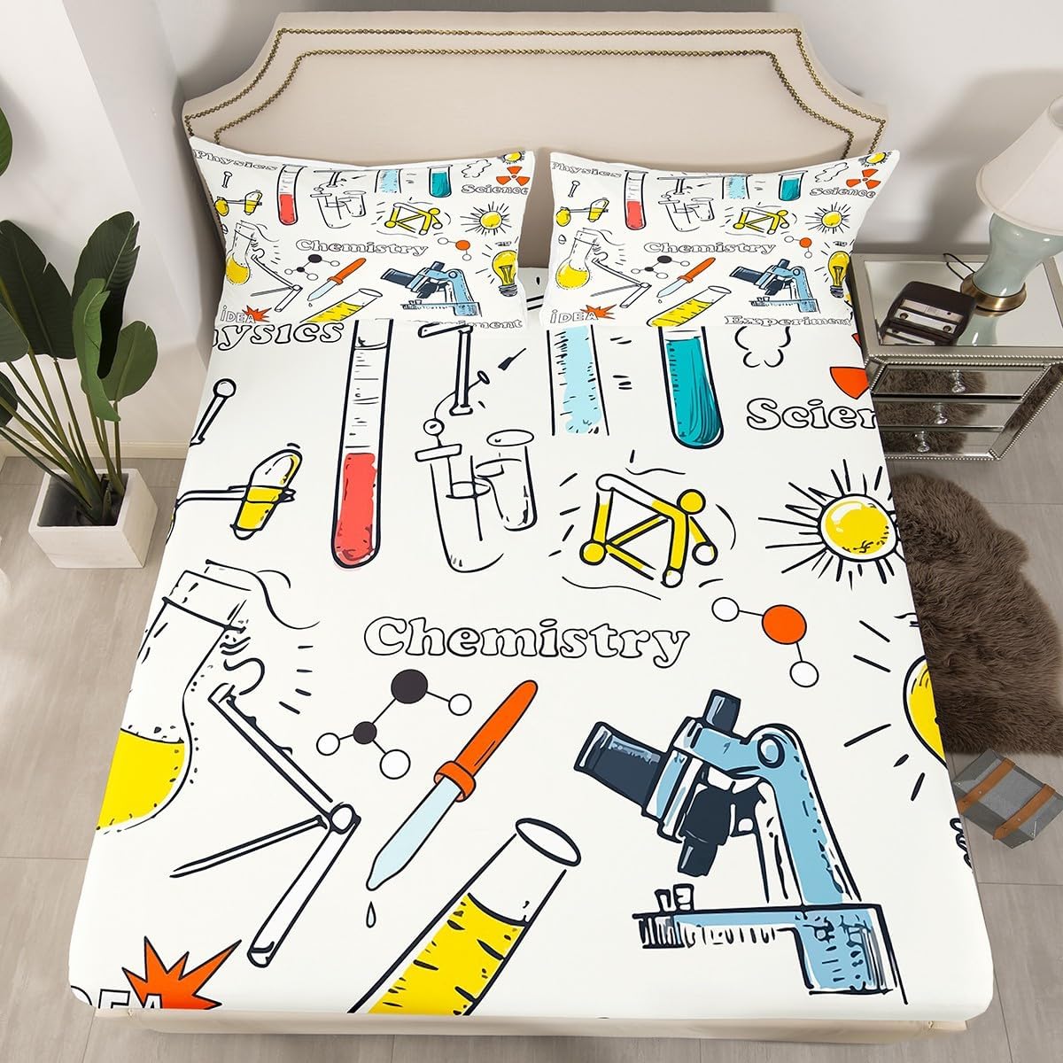 Erosebridal Science Theme Bed Sheets Set Full Size for Boys Girls Chemistry Periodic Table Print Sheet Set Chemical Subject Theme Sheets Teens Kids Math Science Atyle Fitted Sheet 4 Pcs
