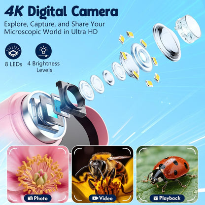 Odatay 4K 1000X Digital Microscope for Kids with Long Distance Viewing & 2.4" Screen, Portable Handheld Edu Toys for Kids Age 3-12 Exploring Bugs Plants at Home Classroom & Outdoor Travel, Yellow