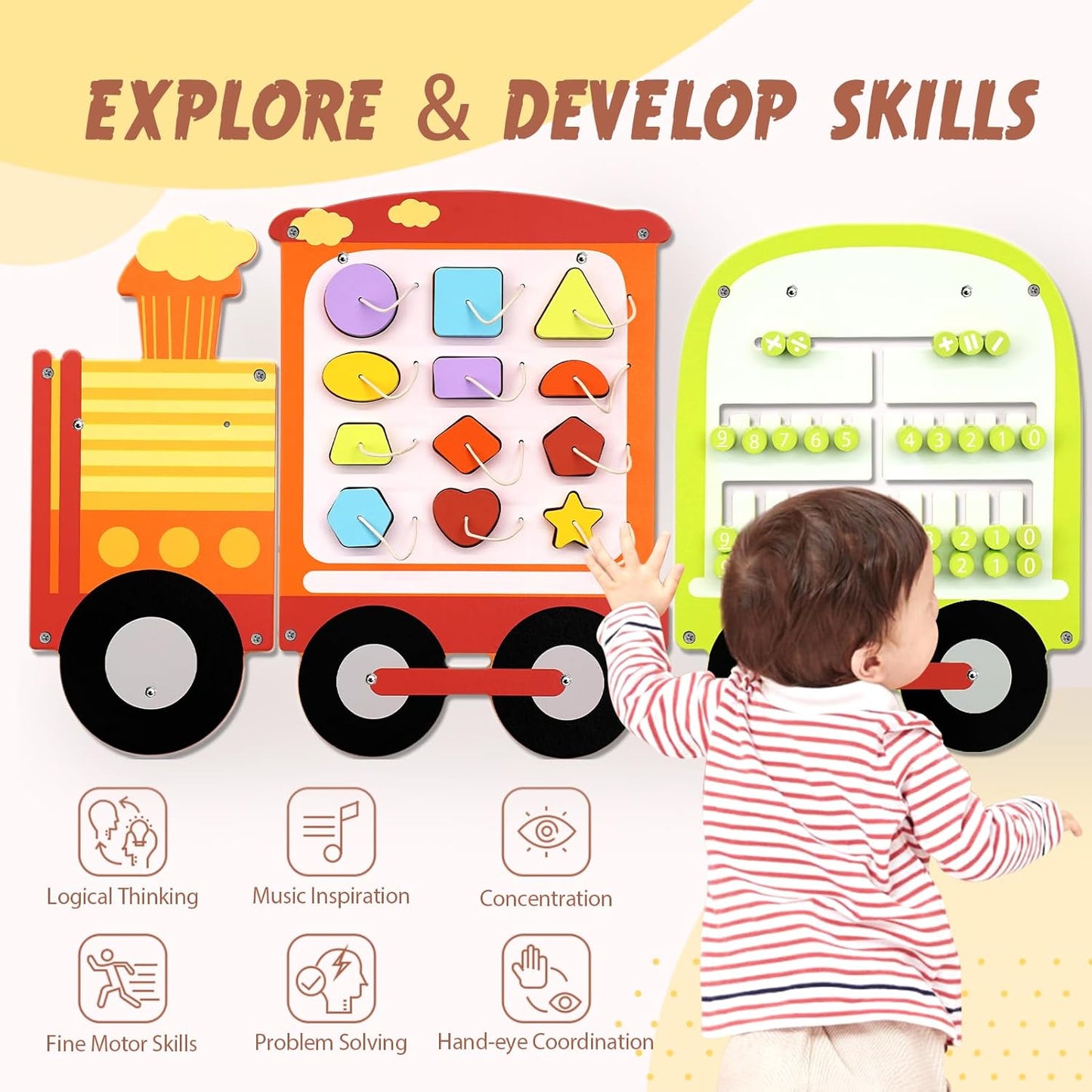 Joyreal Train Activity Wall Busy Board Panels - 8-in-1 Toddler Learning Activity Center - Wooden Montessori Sensory Toys for Playroom, Daycare, Classroom - Educational Toy for All-Round Development