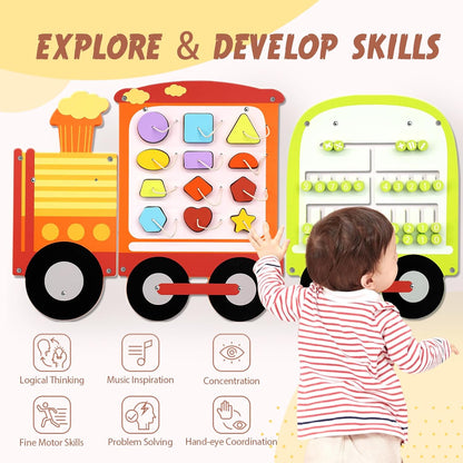 Joyreal Train Activity Wall Busy Board Panels - 8-in-1 Toddler Learning Activity Center - Wooden Montessori Sensory Toys for Playroom, Daycare, Classroom - Educational Toy for All-Round Development