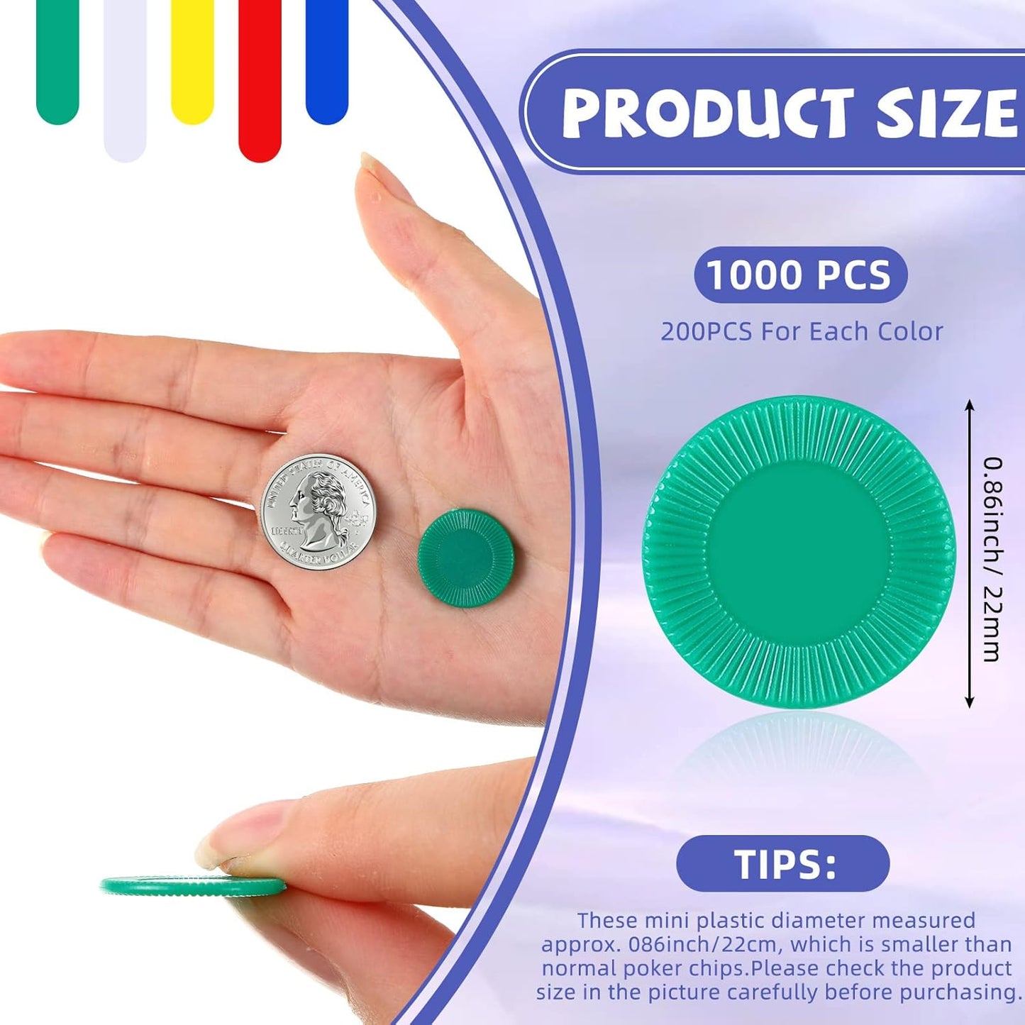 Skylety 1000 Pieces Plastic Poker Chips Bulk 5 Colors Counter Card for Kids Game Playing Learning Math Counting Bingo Game Blank Chips Card for Kids Reward, 0.86 Inch