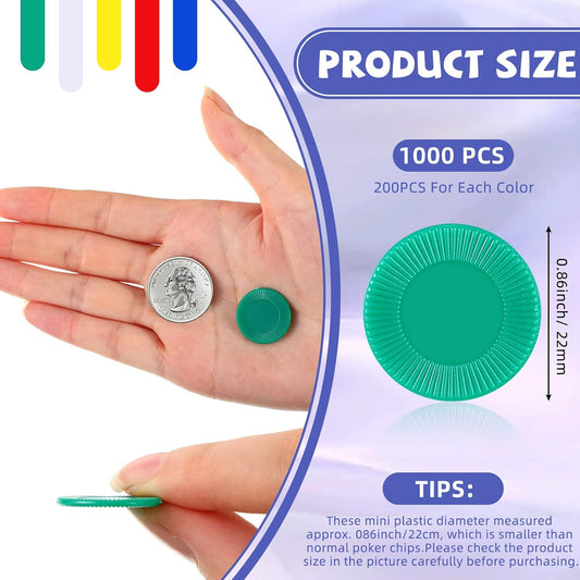 Skylety 1000 Pieces Plastic Poker Chips Bulk 5 Colors Counter Card for Kids Game Playing Learning Math Counting Bingo Game Blank Chips Card for Kids Reward, 0.86 Inch