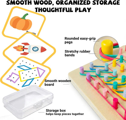 2-in-1 Wooden Peg Board & Geoboard for Kids Ages 5+, Montessori Fine Motor Skills Toy with 49 Wooden Pegs, 60 Activity Cards, Rubber Bands & Storage Box, Shape Building and Pattern Matching Game
