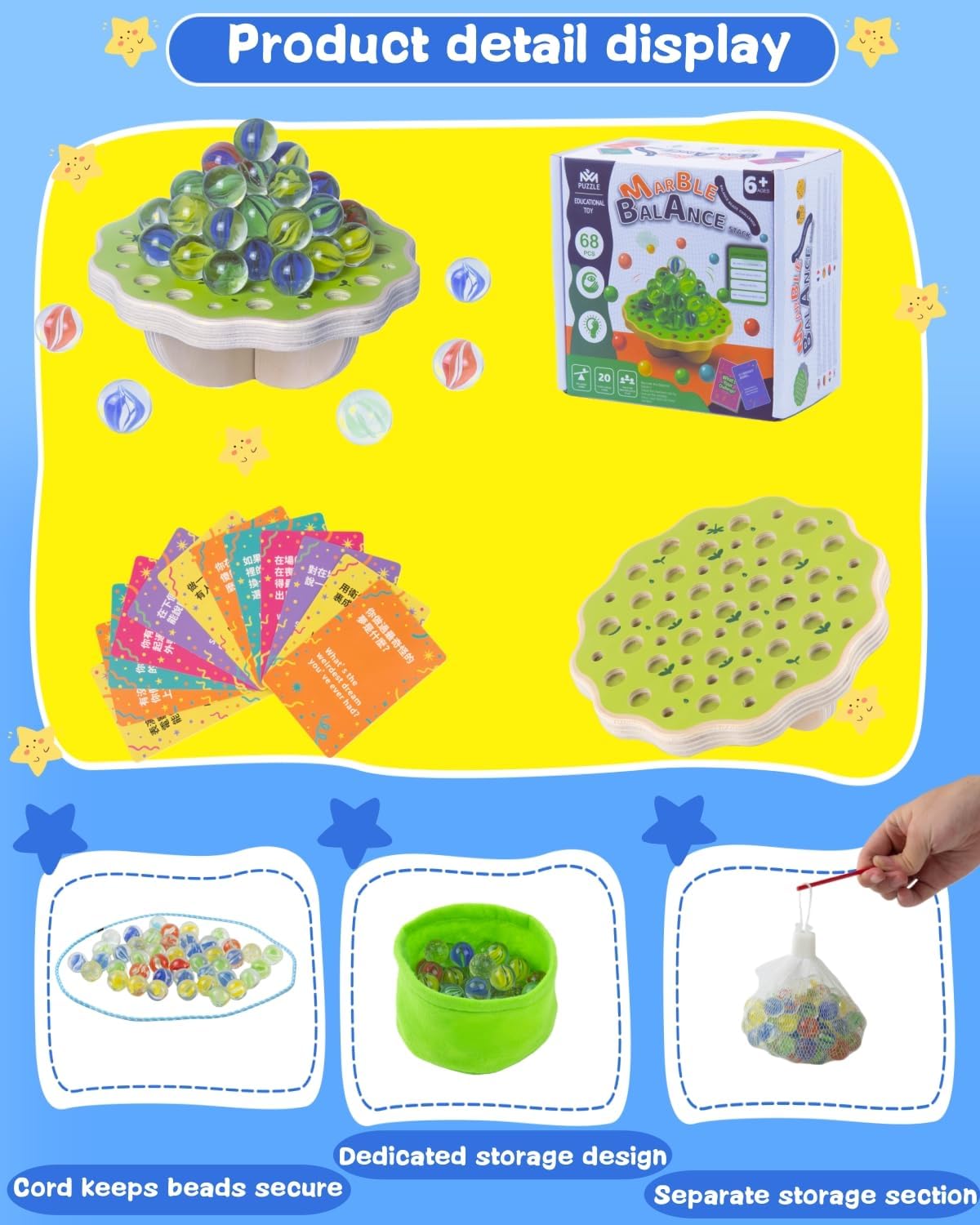Wooden Marble Balance Game for Kids 6+ and Adults, Wobble Stacking Board 1–4 Players Family Game, 68 Glass Marbles, Dice, Challenge Cards, Party & Travel Game