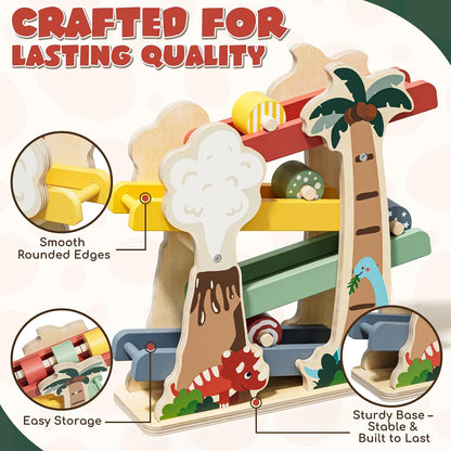 Lehoo Castle Wooden Car Ramp Toys for 1 Year Old Boy Birthday Gifts, Dinosaur Montessori Toys for 1 2 Year Old, Wooden Race Track with 4 Rollers Toddler Toys for 2 Year Old Boy
