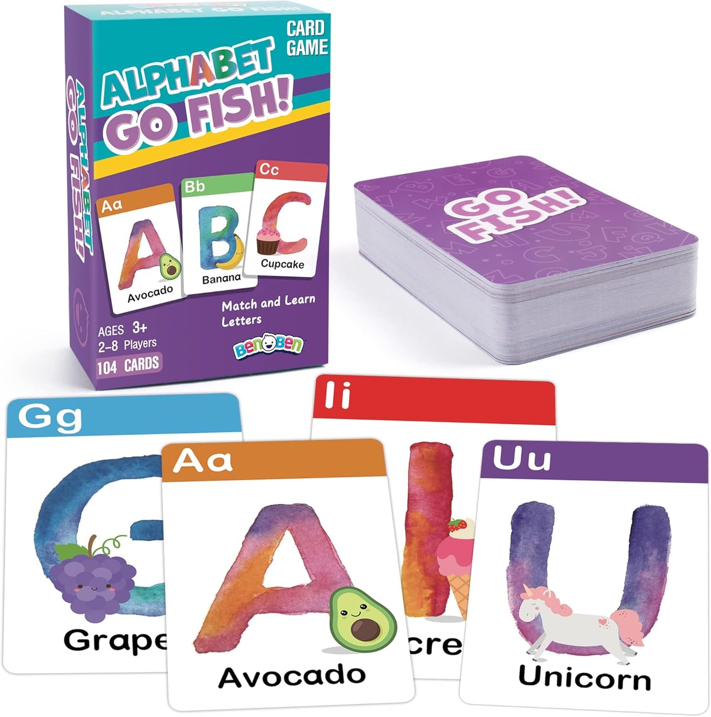 BenBen Go Fish Card Game for Kids, 104 Cards, Ocean Theme Memory Matching Game, Sea Animals Learning Playing Cards, Picture Cards with Real Photos, Fun Facts, 2-8 Players