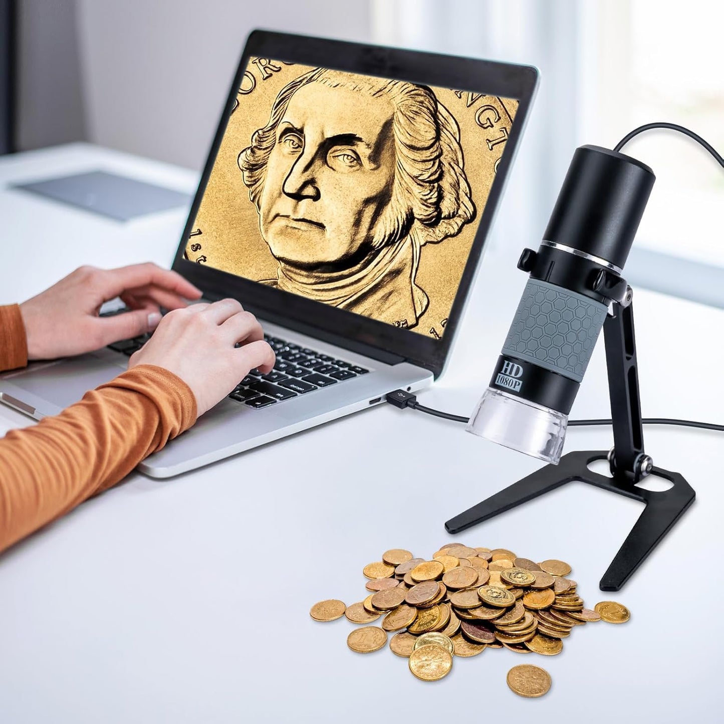 USB Microscope Compatible with iPhone Android Phone Tablet and Windows Mac PC, HD 1080P Wired Digital Microscope Camera for Adults and Kids