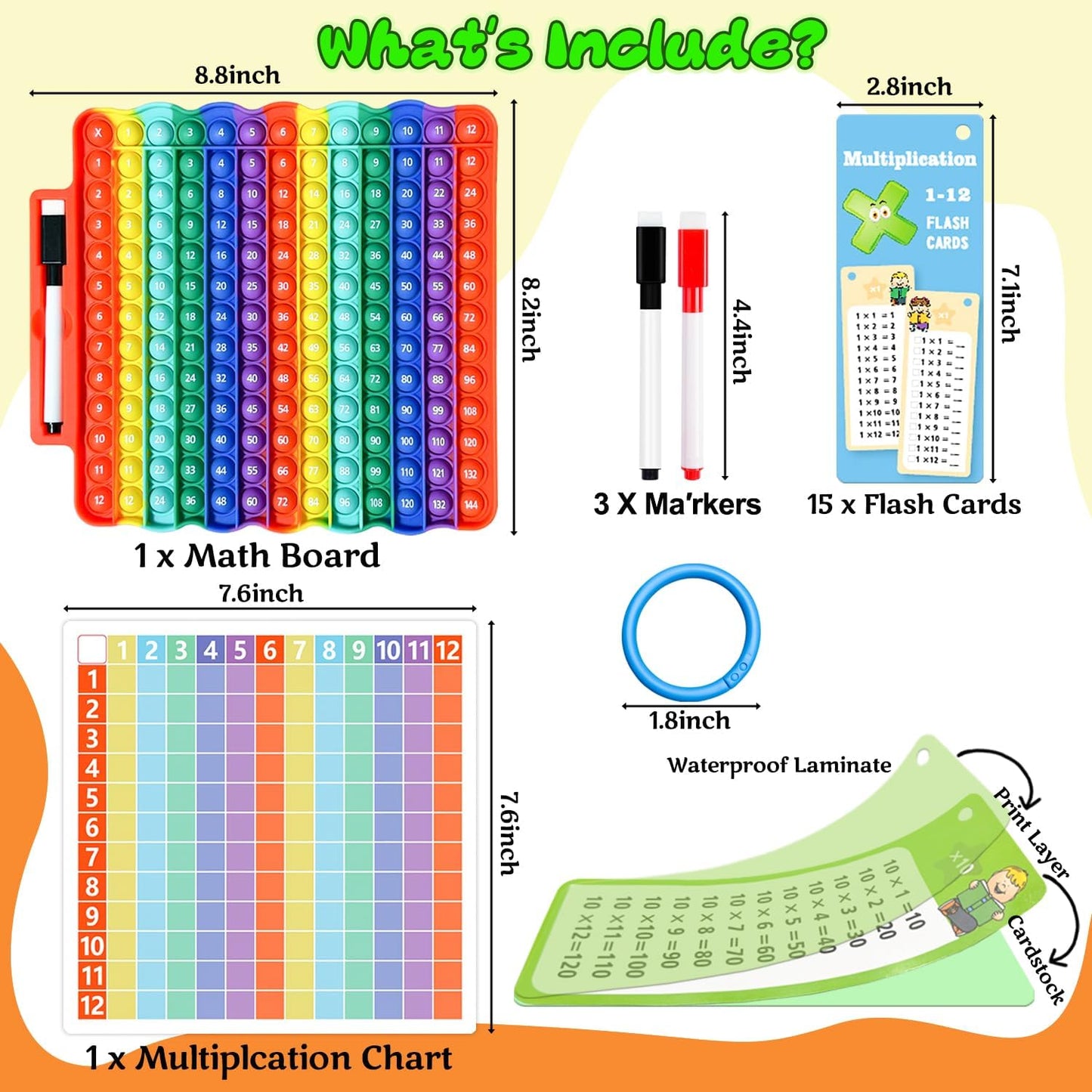 Multiplication Flash Cards + Math Board, Math Flash Cards & Chart, Times Table Manipulatives for Preschoolers 3rd,4th,5th,6th Grade