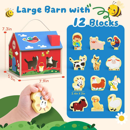 Wooden Barn Shape Sorter Montessori Farm Animal Toys for Toddlers, Educational Pretend Play Barn with Flip-Open Roof & Handle, 12 Animal Blocks, Birthday for 2-4 Boys Girls