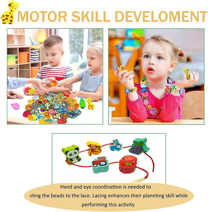 46 PCS Montessori Wooden Lacing Beads Toys for Toddlers,Educational Stringing Animals Fruits Farm Threading Beads Preschool Learning Toys for Kids 3 4 5 6 Year Old Boys Girls…