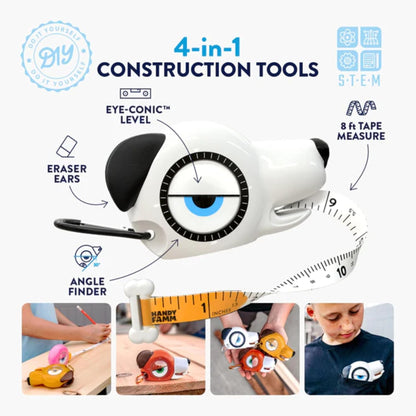 Handy Famm Roscoe the Dog 4-in-1 Kids Tape Measure with Adjustable Level Eye, Angle Finder & Eraser Ears – Montessori STEM Educational Toy for Children Ages 3+, Real Measuring Tool for Learning