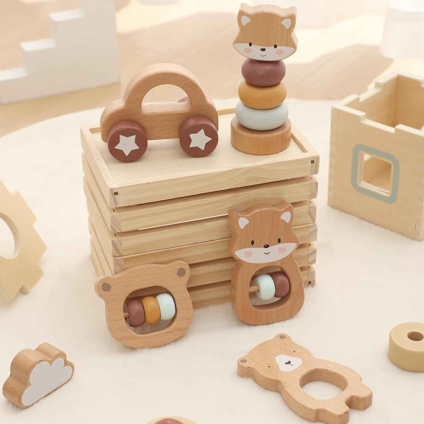 FReniland Wooden Montessori Baby Toys Set, 5-Piece Newborn Gift Set with Koala Rattle, Fox Stacking Rings & Push-Pull Toy for Boys and Girls