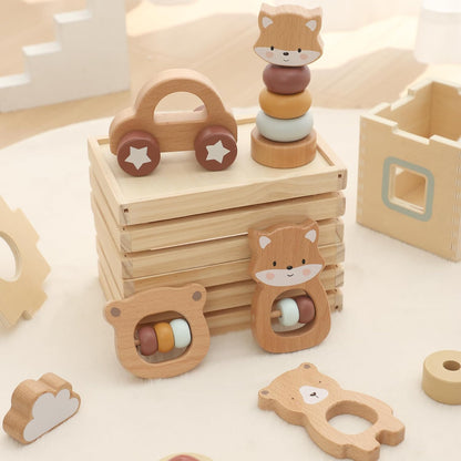 FReniland Wooden Montessori Baby Toys Set, 5-Piece Newborn Gift Set with Koala Rattle, Fox Stacking Rings & Push-Pull Toy for Boys and Girls