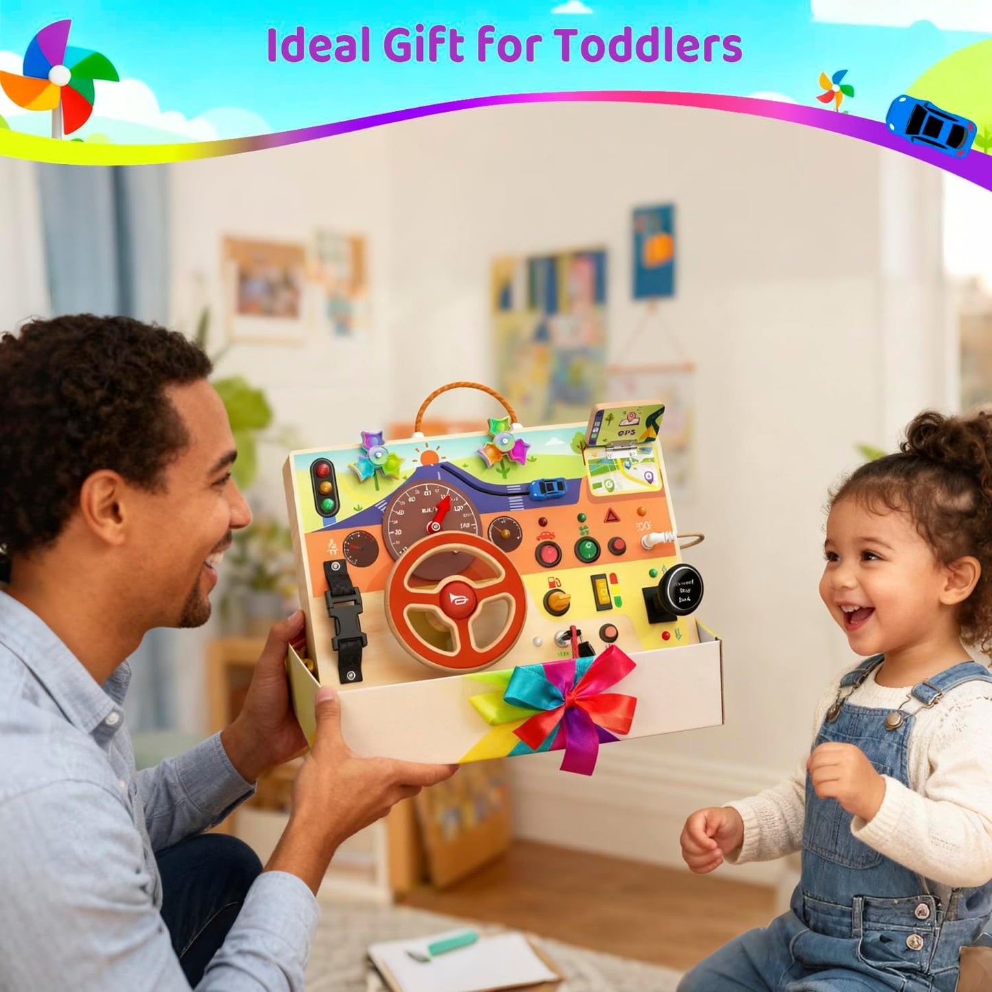 UdoUto Montessori Wooden Busy Board for Toddlers with LED Light Lights & Switches,Portable Activity Board for Car & Airplane Travel Toys, Christmas & Birthday Gift for 1-3 Year Old Boys & Girls