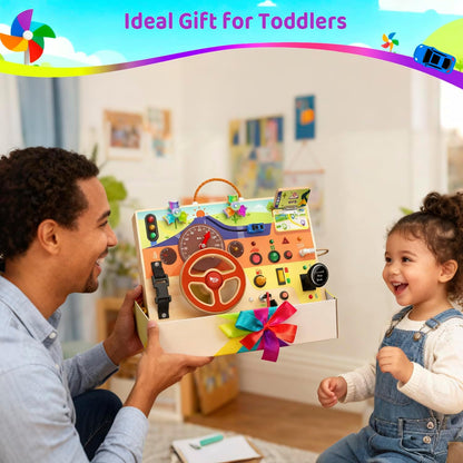UdoUto Montessori Wooden Busy Board for Toddlers with LED Light Lights & Switches,Portable Activity Board for Car & Airplane Travel Toys, Christmas & Birthday Gift for 1-3 Year Old Boys & Girls