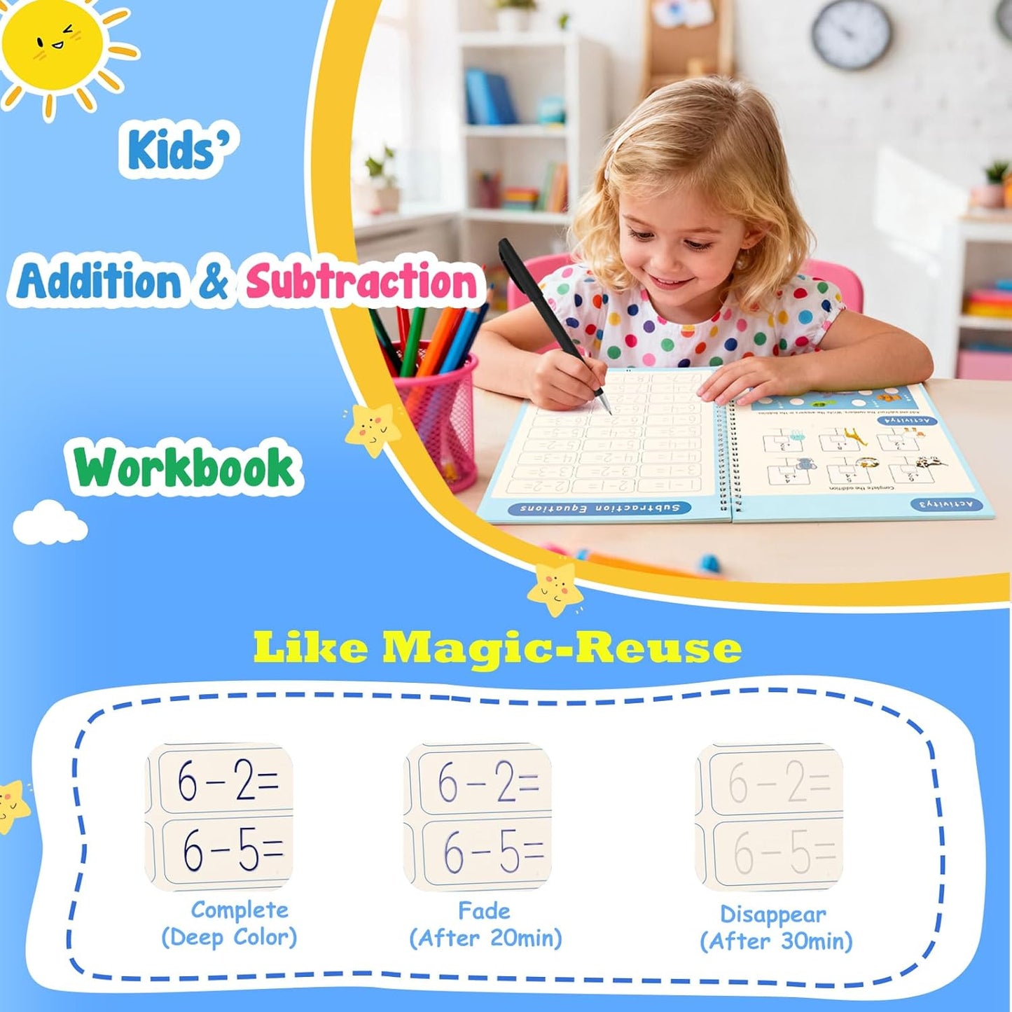 Magic Grooved Writing Practice for Kids Age 3-8, Reusable Grooved Handwriting Books, Tracing Workbooks with Disappearing Ink Pens & Grips, Preschool Learning Activities