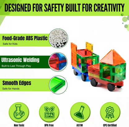 Magnetic Tiles 100 pcs with 2 Cars, STEM Building Blocks for Kids, Educational Gift, Magnet Construction Toys for Toddlers, School Teacher Supplies, Classroom Must-Haves