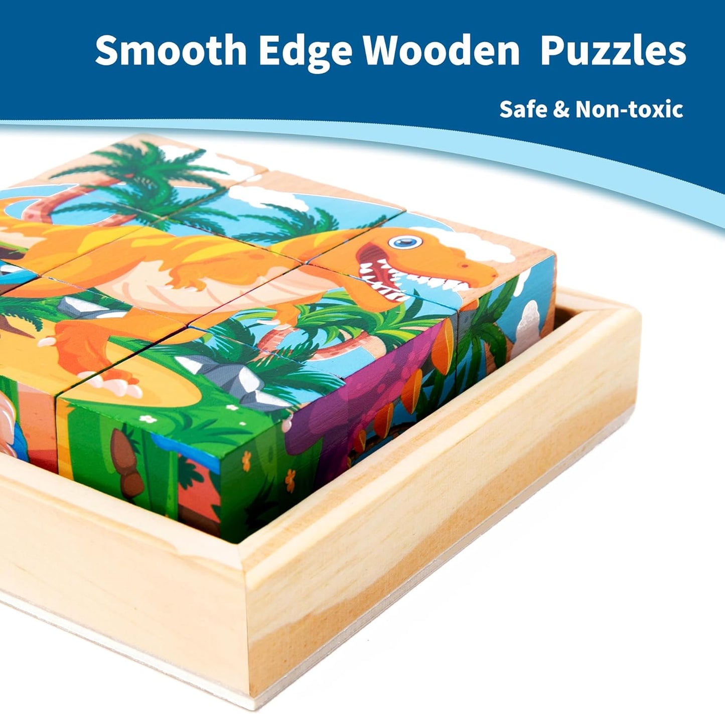 Wooden Dinosaur Block Puzzles for Kids Ages 3-5 with Baby Book, Jigsaw Puzzles Preschool Educational Interactive Toys Gift for Boys Girls, Wood Dino Cube Puzzles for Toddlers 2 3 4 5 6 Years Old