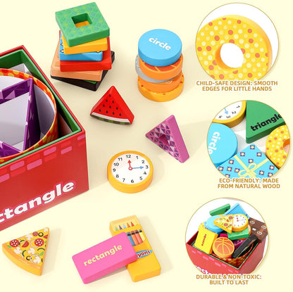 Atoylink Montessori Toys Shape Sorter for Toddlers, Wooden Stacking Blocks Nesting Boxes Baby Everyday Objects Shape Sorting Toys Matching Games, Preschool Learning Toys for 1 2 3 Year Old Boys Girls
