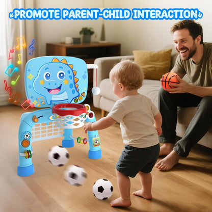 Toys for 1 Year Old Boy - Toddler Basketball Hoop & Soccer Goal & Baseball Activity Center with Light Sound Music, Puppy Montessori Sports Toy, Christmas Birthday Gift for Baby 12-18 Months, Yellow