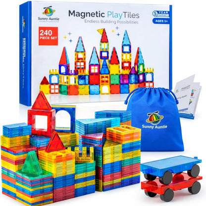 SUNNY AUNTIE Magnetic Tiles 125 PCS XL Set with Storage Bag – Magnetic Building Tiles for Kids Ages 3-8, STEM Magnet Construction Toy for Boys & Girls