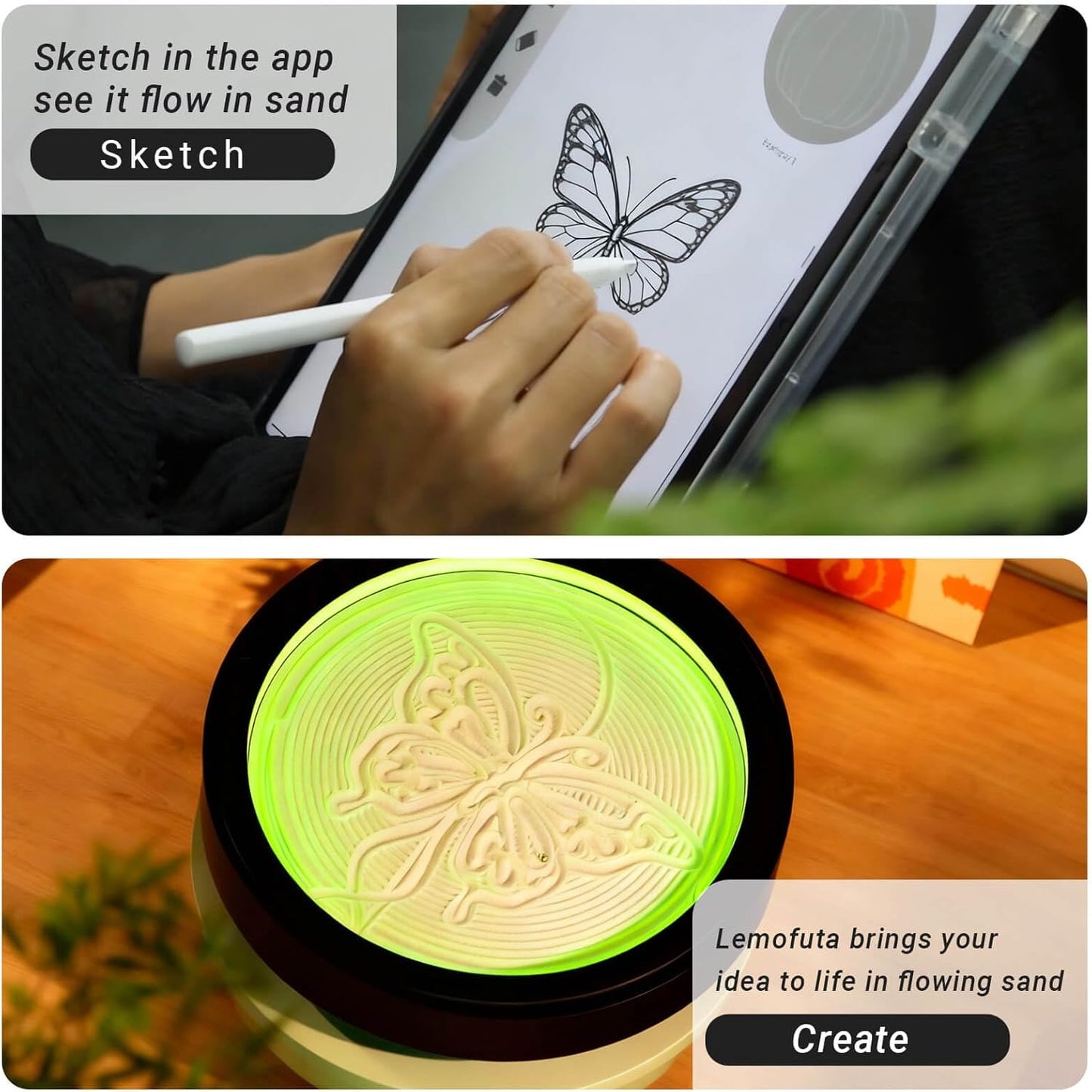 Lemofuta 20" Automatic Drift Sandscape – Zen Sand Art Display with App Control, DIY Custom Pattern Creation & LED Ambient Lighting – Perpetual Motion Decor for Relaxation, Focus & Meditation