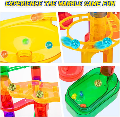 Meland Marble Run - 132Pcs Marble Maze Game Building Toy for Kid, Marble Track Race Set & STEM Learning Toys for Boy Girl Age 3 4 5 6 7 8 9+ (102 Translucent Marbulous Pcs & 30 Glass Marbles)