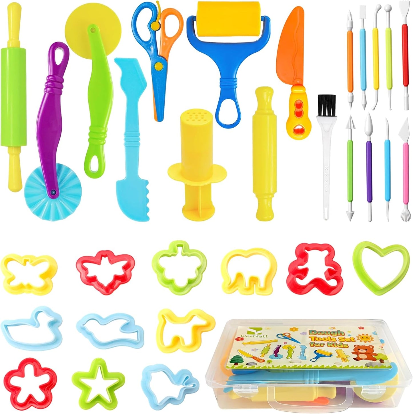Kleeblatt Dough Tools Set for Kids - 19 Pcs Playdough Kit with 9 Basic Dough Tools, 9 Double-Headed Clay Carving Tools & Cleaning Brush, Safe for Toddlers Ages 2-8, for Clay/Plasticine/Sand
