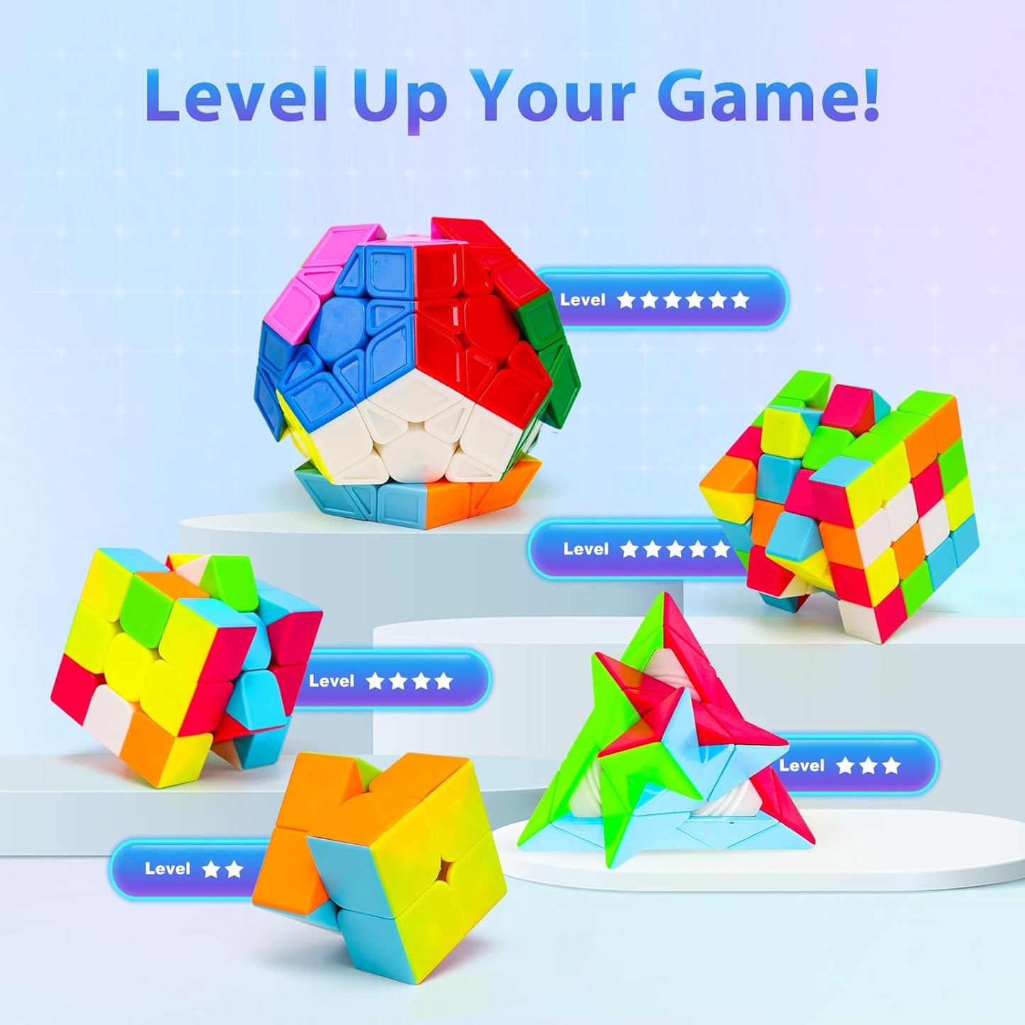 AuntyFey Speed Cube Set, 5 Pack Speed Magic Cube with Speed Cube 3x3, 2x2, 4x4, Pyramid Megaminx Stickerless Cube for Kids Toddlers Adults, Puzzle Cube Set for Kid
