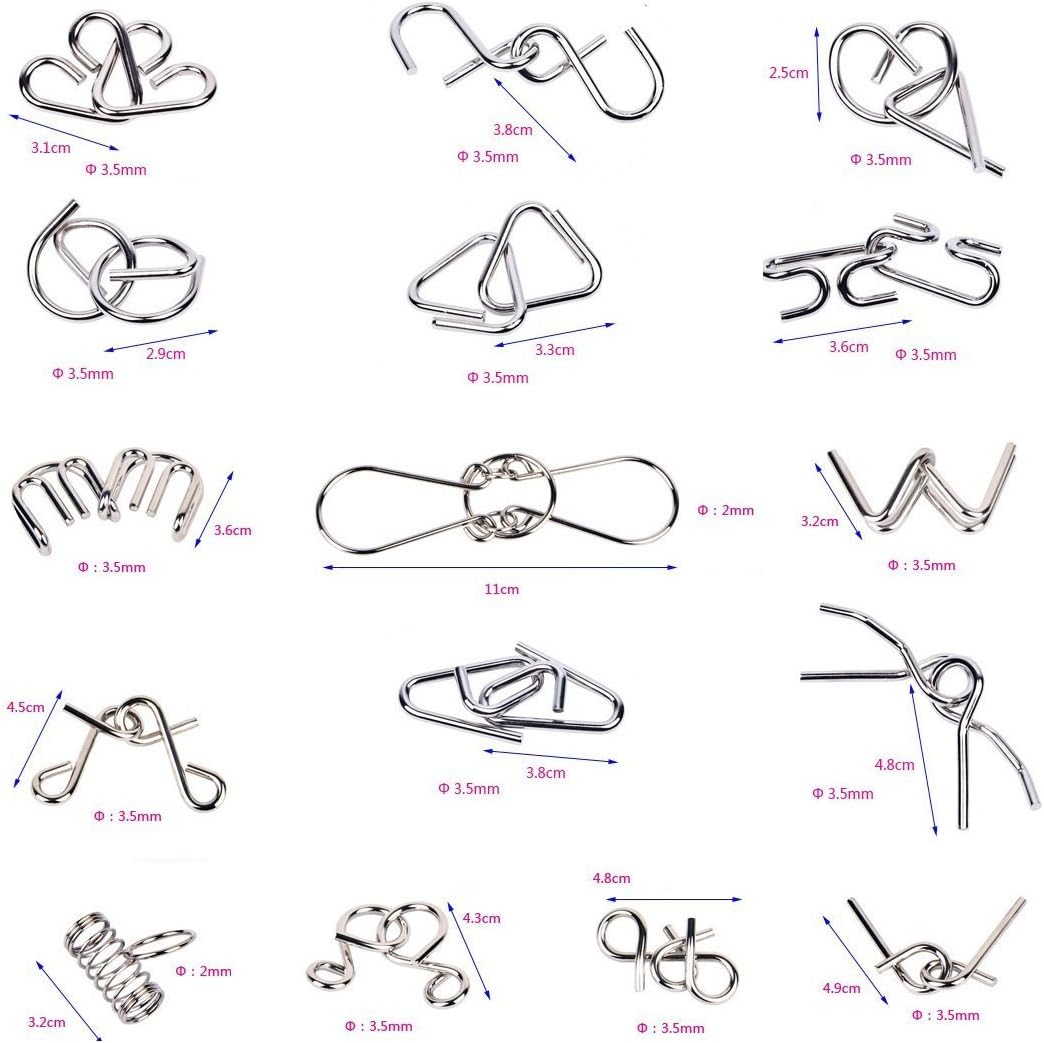 Ahyuan Metal Wire Puzzles Set of 16 with Pouch Large Thick IQ Test Mind Games Toys Brain Teaser Puzzles Metal Wire Magic Trick Toy Metals IQ Puzzle Fidget Toys Party Favors for Kids Adults (Bronze)