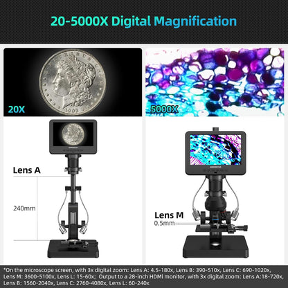 Andonstar AD266S 20X-5000X HDMI Digital Microscope, 5 Lens 2160P UHD Video Record, 7'' LCD Microscope for Adults Kids, Home Lab Biological Kit with Slides, Coin Full View