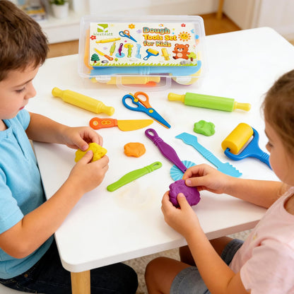 Kleeblatt Dough Tools Set for Kids - 19 Pcs Playdough Kit with 9 Basic Dough Tools, 9 Double-Headed Clay Carving Tools & Cleaning Brush, Safe for Toddlers Ages 2-8, for Clay/Plasticine/Sand