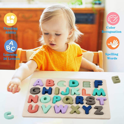 Wooden Puzzles for Toddlers, LENNYSTONE Wood Alphabet Number Shape Puzzles Kids Preschool Learning Toys for Boys Girls Ages 2 3 4 5 Year olds
