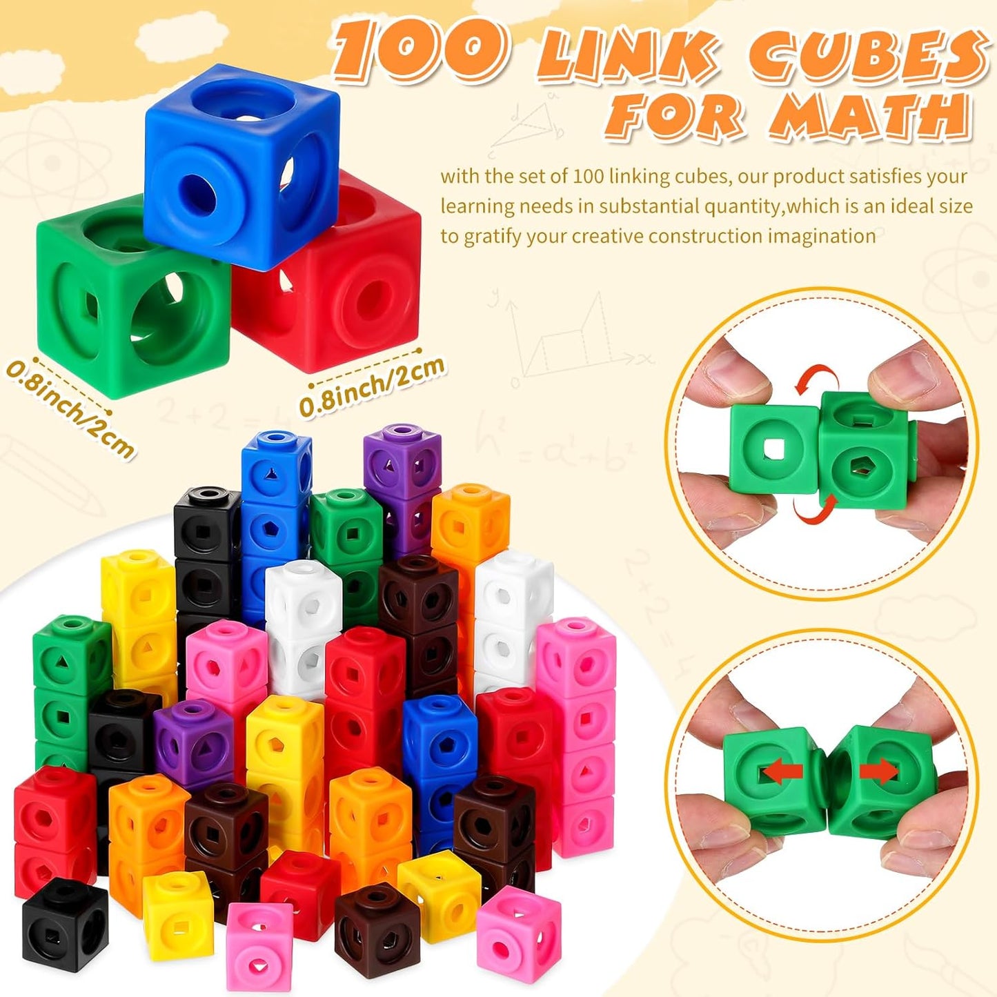 Jenaai 100 Pcs Linking Cubes Plastic Math Cubes Manipulative Counting Blocks STEM Snap Blocks Connecting and Counting for Early Math and Construction, Homeschool Preschool Supplies(Stylish)