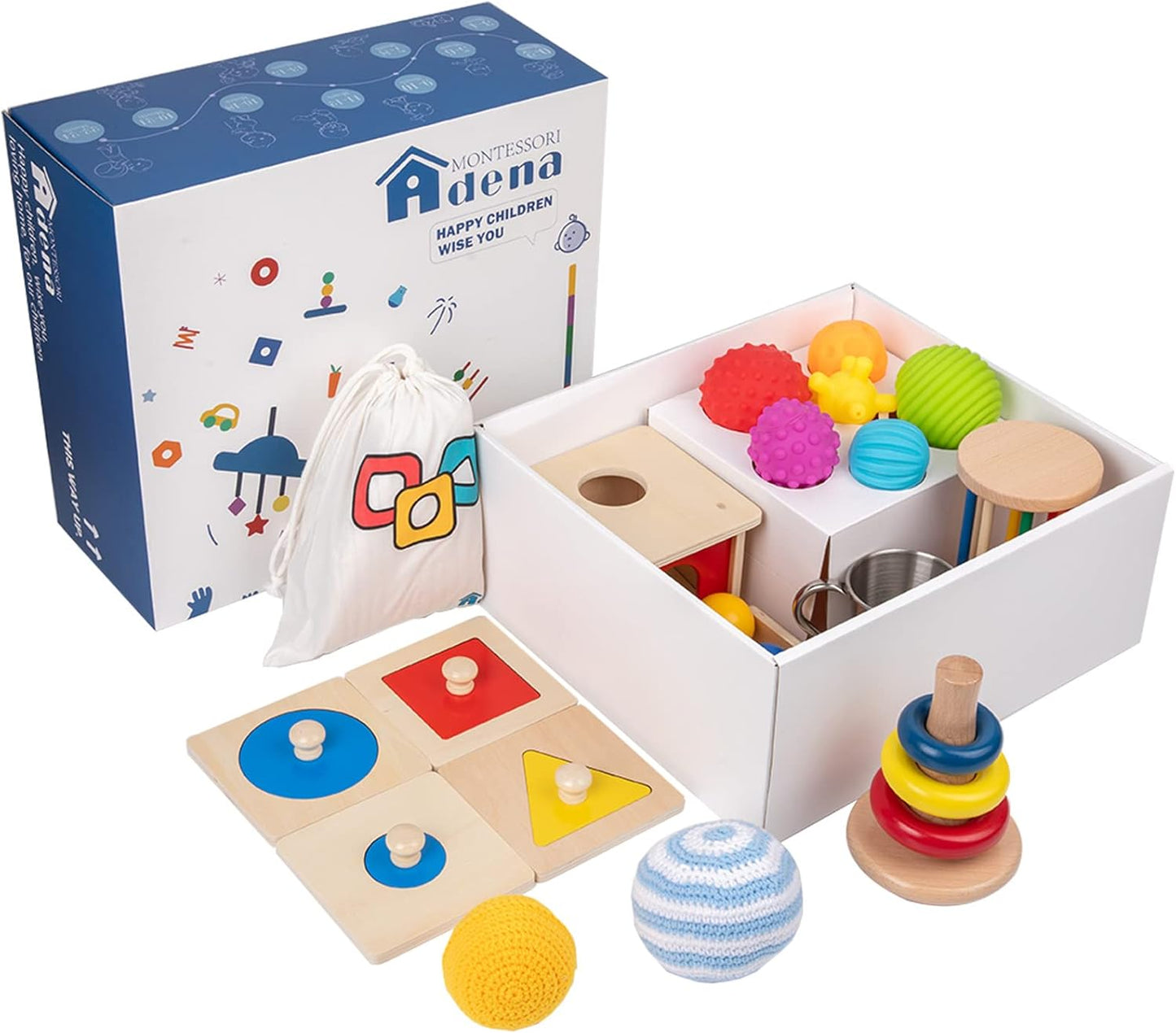 Adena Montessori Play Kit for 3-4 Months Baby,8 in 1 Wooden Learning Educational Toys for Toddler,Include Framed Mirror Book,High-Contrast Cards and More,Christmas Birthday Gift for Boys Girls
