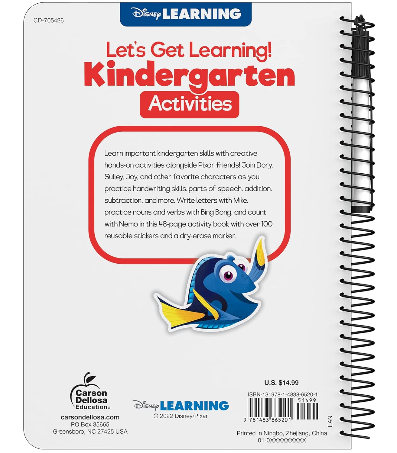 Disney Learning Let's Get learning! Kindergarten Activity Book, Wipe Clean Workbook With Math, Letters, Handwriting, Addition & Subtraction Activities, Reusable Sticker Book for Kindergarteners