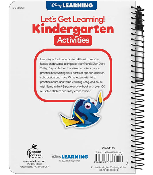 Disney Learning Let's Get learning! Kindergarten Activity Book, Wipe Clean Workbook With Math, Letters, Handwriting, Addition & Subtraction Activities, Reusable Sticker Book for Kindergarteners