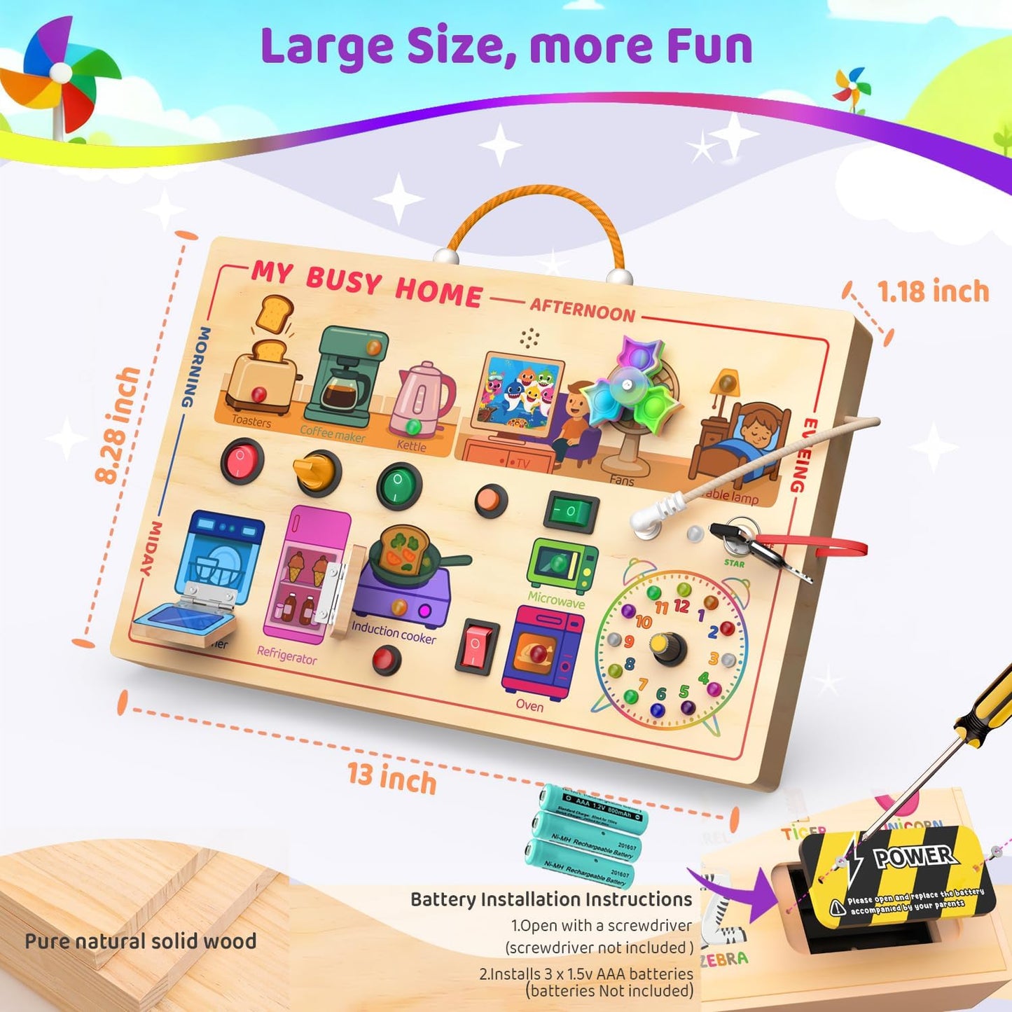 UdoUto Montessori Wooden Busy Board for Toddlers with LED Light Lights & Switches,Portable Activity Board for Car & Airplane Travel Toys, Christmas & Birthday Gift for 1-3 Year Old Boys & Girls