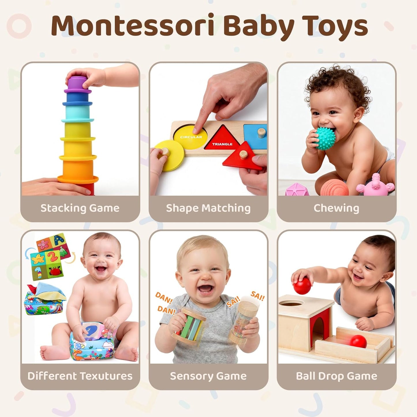 Montessori Toys for Babies 6-12 Months,1 Year Old,8 in 1 Learning Educational Set Wooden Sensory Toys for Baby Toys 12-18 Months (Includes Tissue Box Toy,Rainmaker and More)